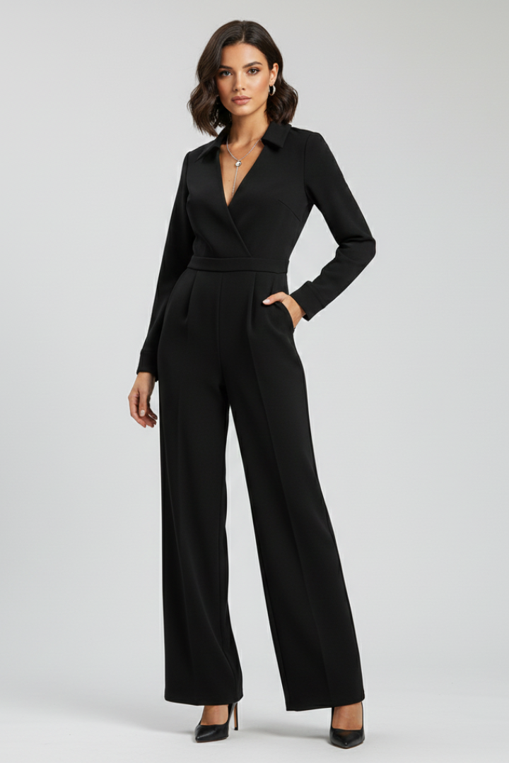 Women's Jumpsuit - Collared V-Neckline and Long Sleeve Wide Leg Detail