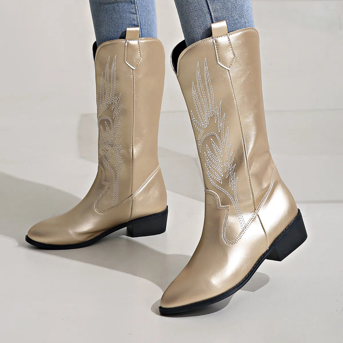 Women's Cowboy Boots - Metallic Finish and Western Stitched Panel Detail
