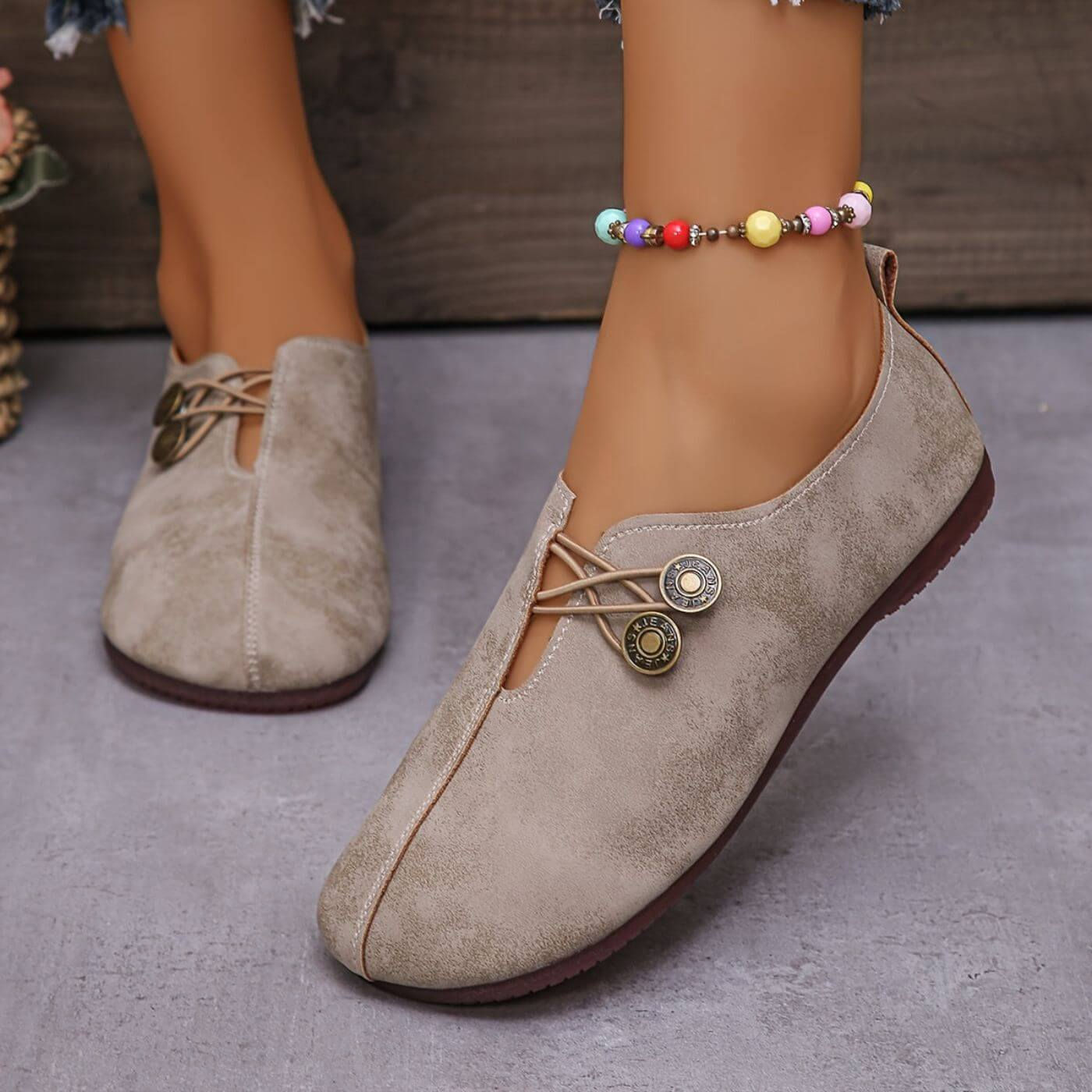 Women's Casual Flats - Matte Finish and Button Elastic Fastening Detail
