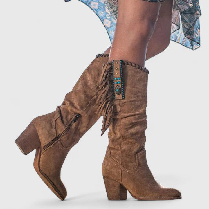 Women's Mid-Calf Boots - Side Fringe Trim and Western Block Heel Detail