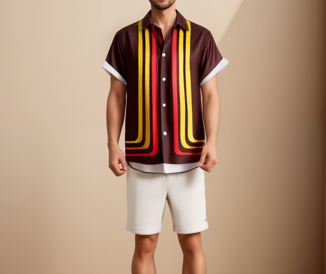 Men's Short Sleeve Button Down Shirt - Retro Striped Design