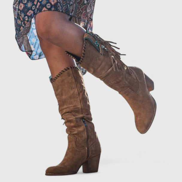 Women's Mid-Calf Boots - Side Fringe Trim and Western Block Heel Detail
