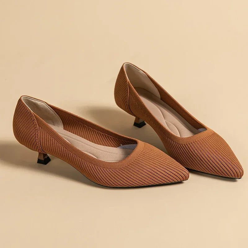 Thumbnail: Women's Kitten Heels - Pointed Toe Ribbed Knit and Padded Insole Detail