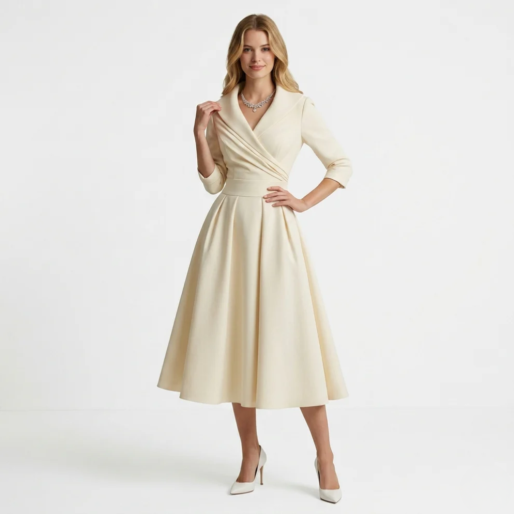 Women's Collared V-Neck with Pockets Midi Dress - Pleated A-Line Skirt
