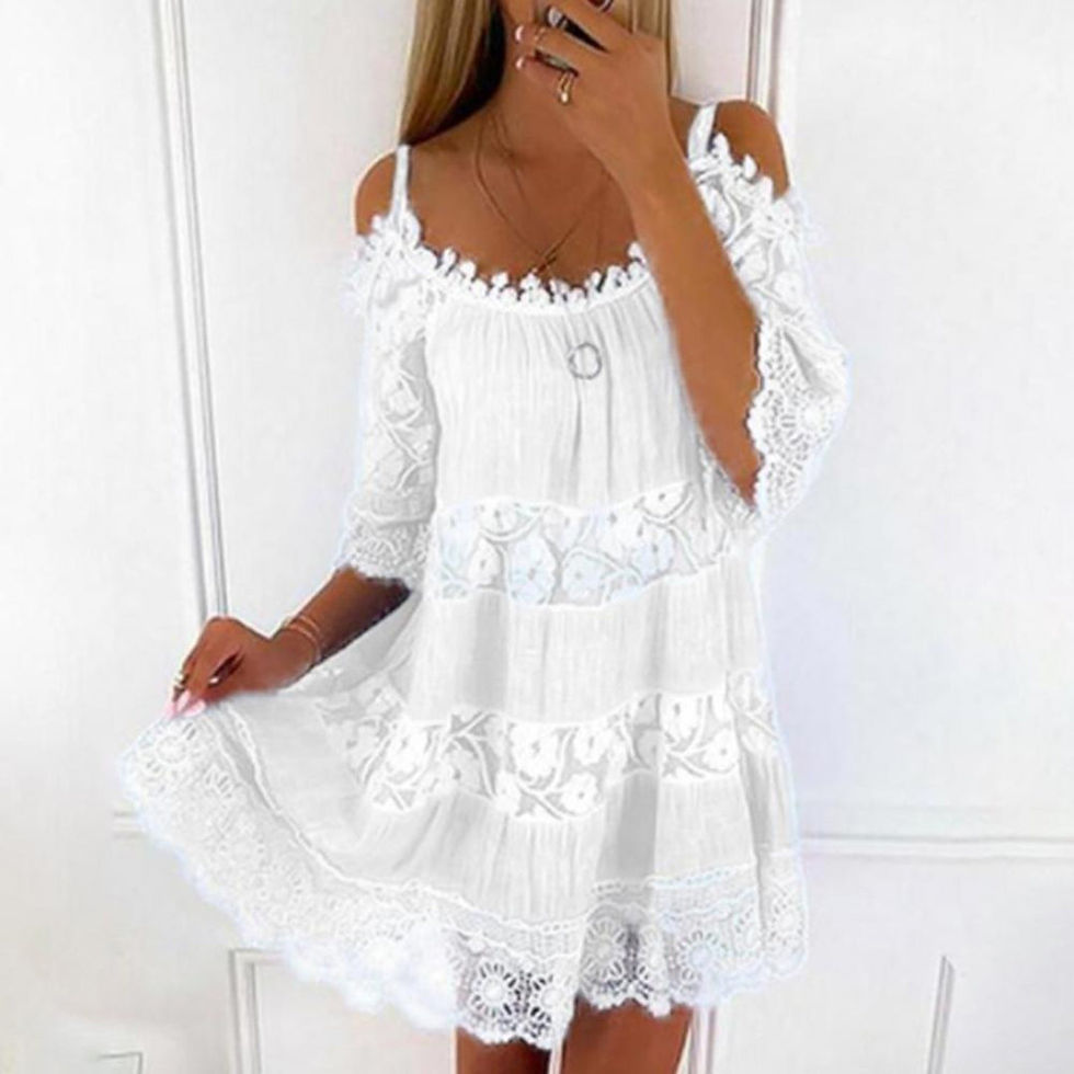 Thumbnail: Women Mini Dress Cold Shoulder Crochet Summer Dress