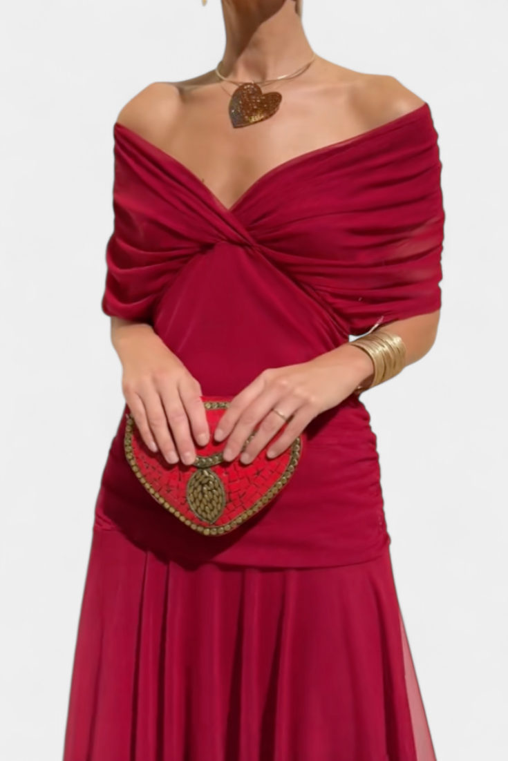 Thumbnail: Women's Off-The-Shoulder Ruched Midi Dress - Pleated Skirt and Mesh Detail