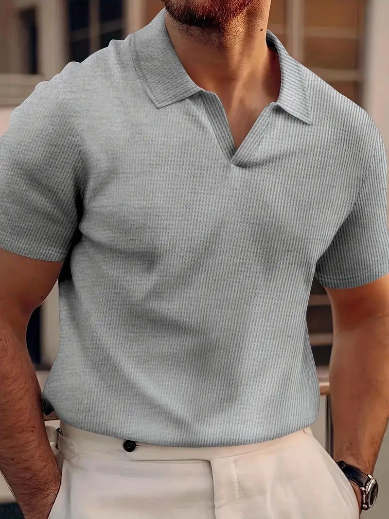 Thumbnail: Men's Buttonless Short Sleeve Polo Shirt - Vertical Ribbed Pattern