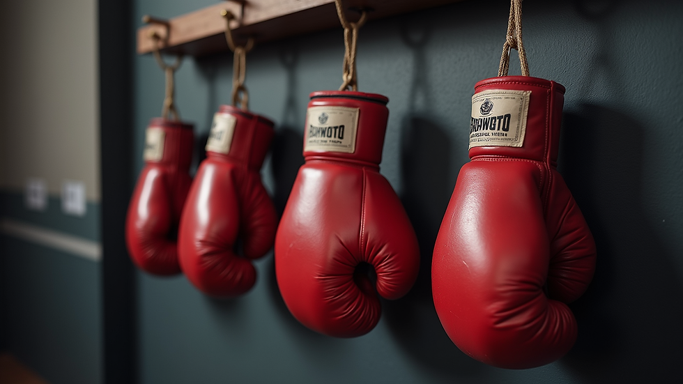 Close-up view of boxing gloves hanging on a wall rack