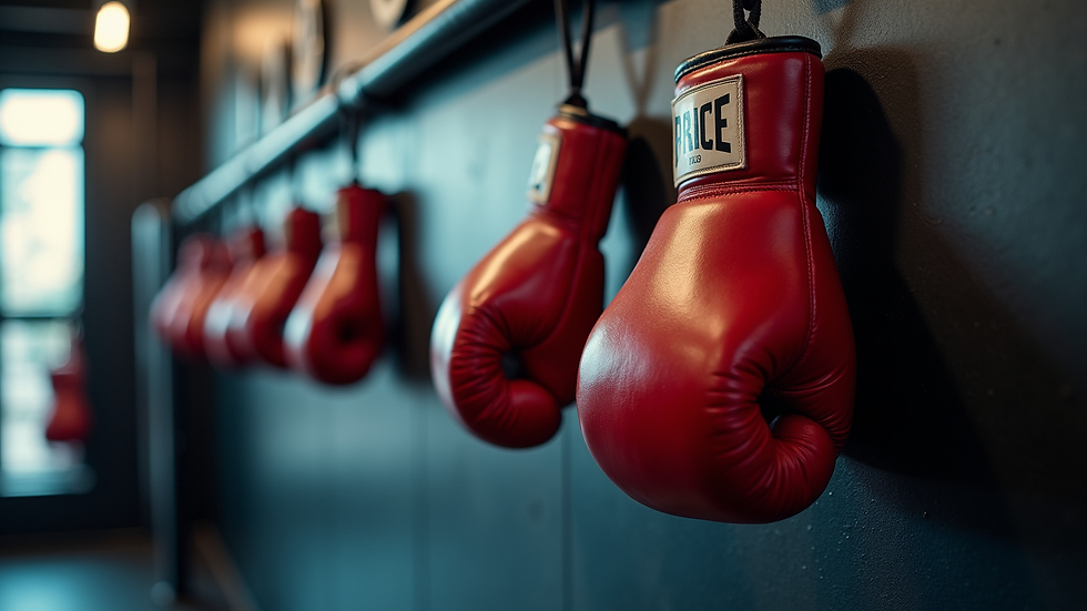 Eye-level view of boxing gloves hanging on a gym wall