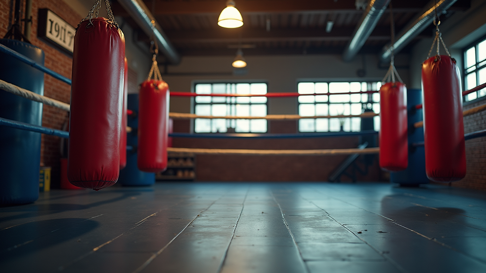 Eye-level view of a boxing gym with punching bags and ring