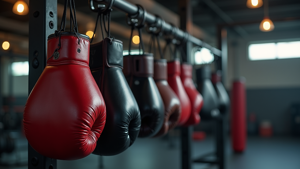 Close-up view of boxing gloves hanging on a rack in a gym