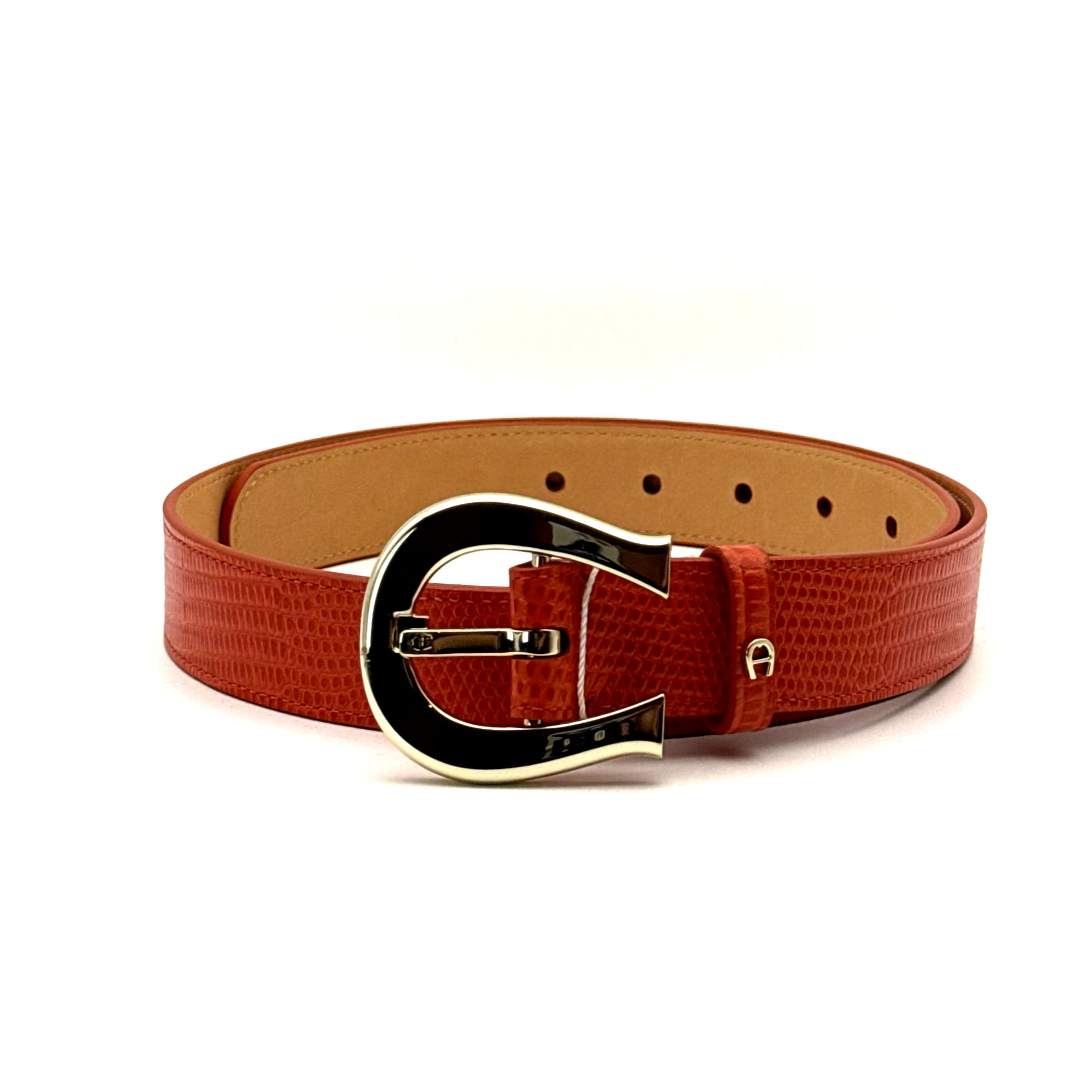 Aigner Ledergürtel Geno in Terracotta mit Eidechsen-Prägung und goldfarbener Hufeisen-Schließe