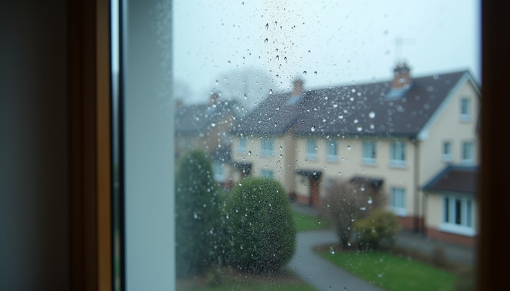 Close-up view of a window with visible condensation droplets on the glass in a Scunthorpe home