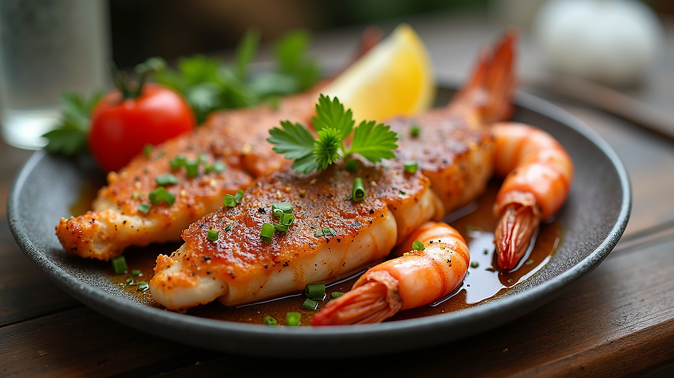 Eye-level view of a seafood platter featuring grilled fish and shrimp