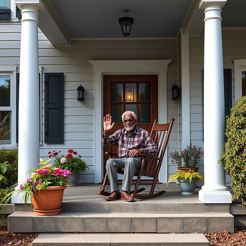 Outside of a nice colonial style house with an African American elderly guy sitting on the