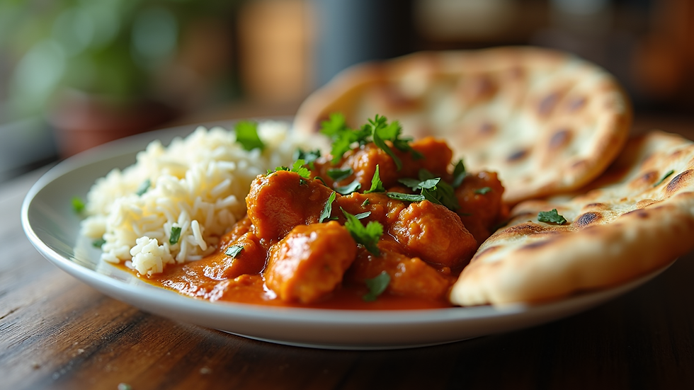 Eye-level view of a beautifully plated Butter Chicken with naan and rice