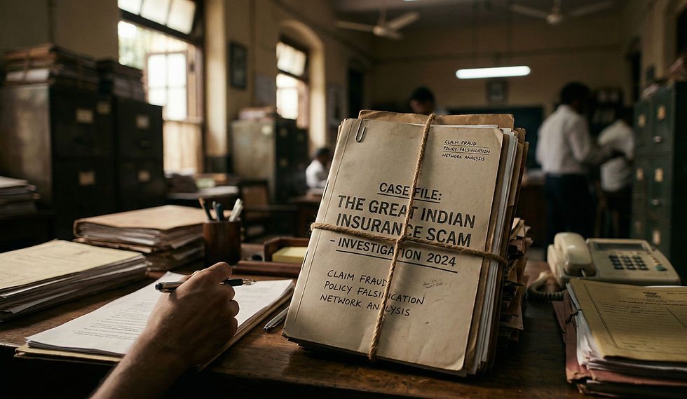 Files on "The Great Indian Insurance Scam" investigation on a cluttered office desk. A person is writing, evoking a serious mood.