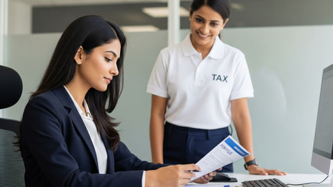 Woman in a suit reads a document labeled "PORTFOLIO" at a desk, while another woman in a polo with "TAX" smiles nearby in an office.