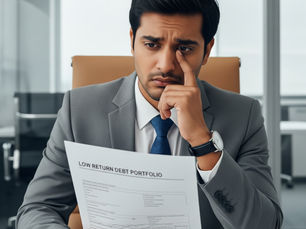 A concerned businessman in a grey suit reading a document titled "Low Return Debt Portfolio" while sitting in a modern office
