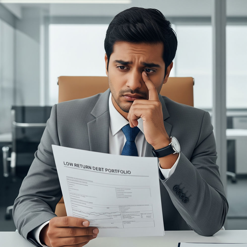 usinessman in a gray suit looks worried, holding a "LOW RETURN DEBT PORTFOLIO" paper. Office setting with large windows in background.