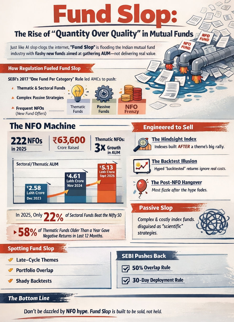 Infographic titled "Fund Slop" discusses issues in mutual funds with visuals of leaking pipes and stats: 222 NFOs, ₹63,600 crore raised by 2025.
