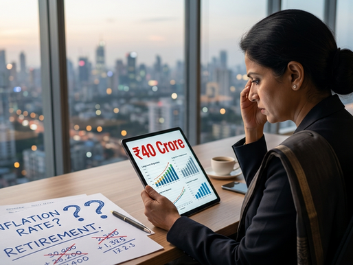 Businesswoman in office, looking at tablet showing ₹40 Crore and charts. Papers on desk ask about inflation and retirement. City skyline.