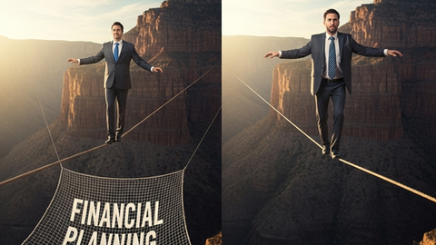 Man in suit walking tightrope over a canyon. Safety net with "Financial Planning" text below. Dramatic lighting and rocky cliffs.