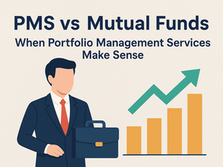Businessman holding briefcase, with text "PMS vs Mutual Funds" and "When Portfolio Management Services Make Sense." Shows rising graph.