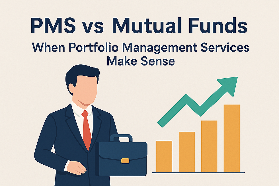 Businessman holding briefcase, with text "PMS vs Mutual Funds" and "When Portfolio Management Services Make Sense." Shows rising graph.