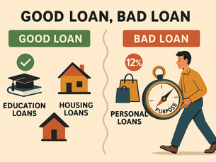 Good vs. Bad Loans: Left shows "Good Loans" with education, housing icons. Right shows "Bad Loans" with 12% interest and a man holding a clock.
