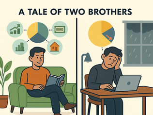 Two brothers divided by a line. Left: cheerful, reading on a green couch, investment icons. Right: worried, on laptop, declining chart.