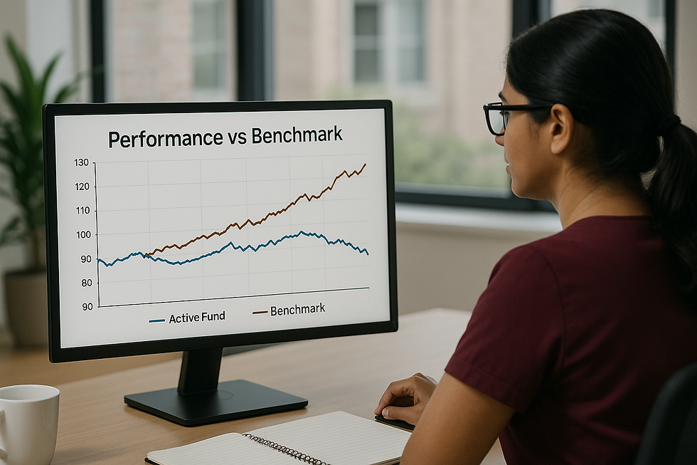Woman in maroon shirt analyzing a performance vs benchmark graph on a computer screen in an office. White mug and notebook nearby.