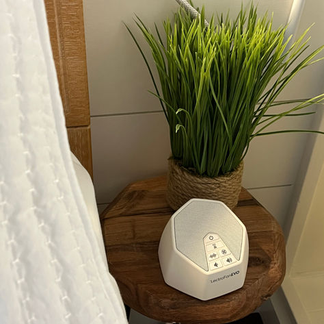 White sound machine and plant on a bedside table