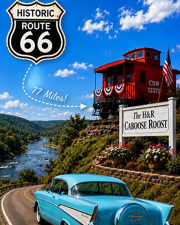 map showing the caboose roost is 77 miles from route 66