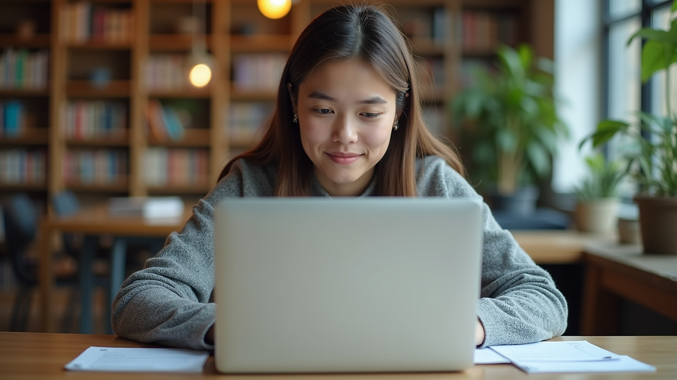 Eye-level view of a student studying with a laptop and notes