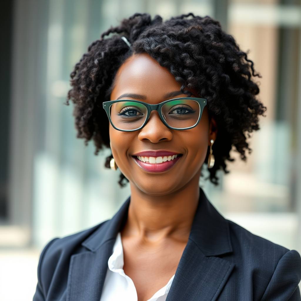 A headshot image of an ambiguous raced black woman wearing eyeglasses dressed in professio