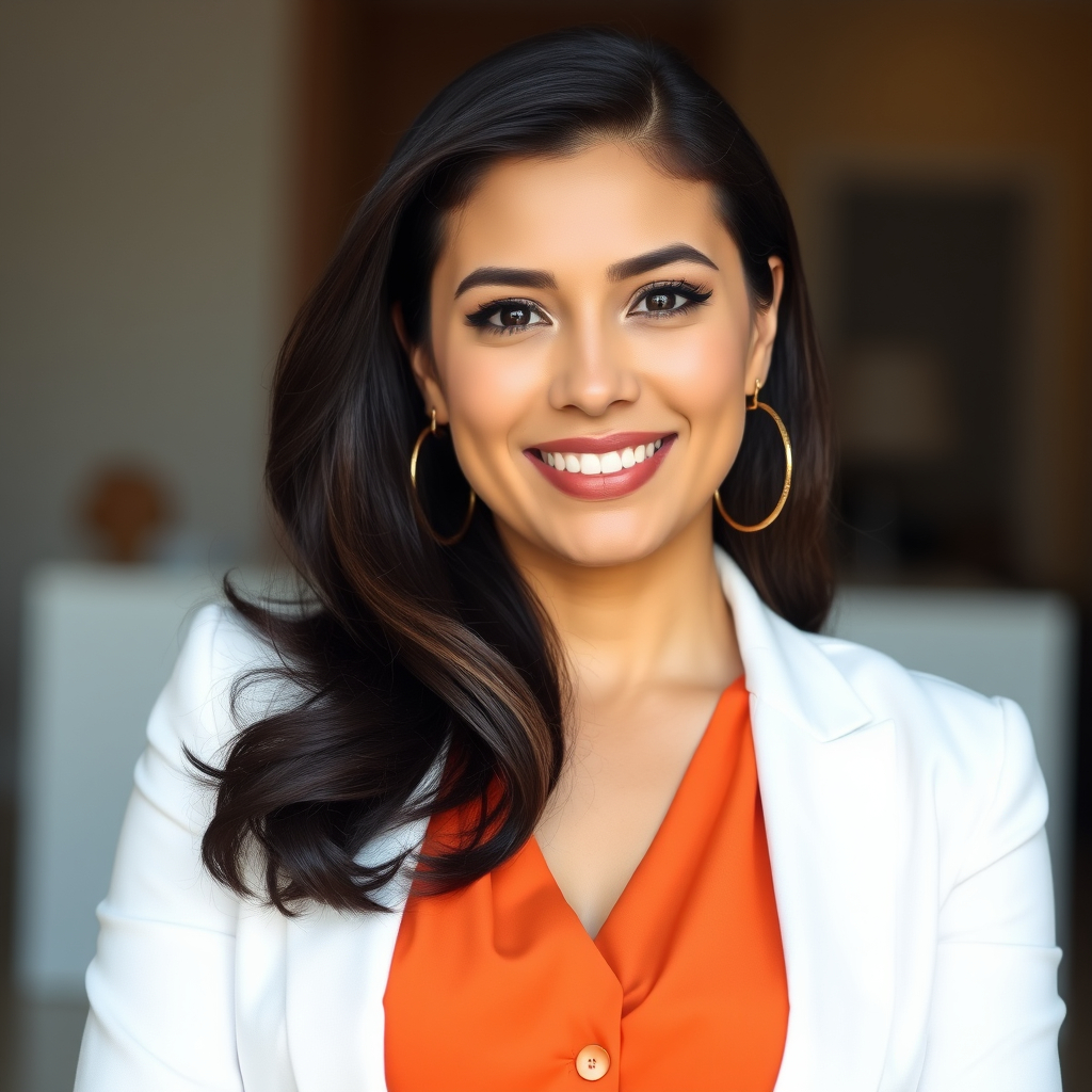 A headshot image of a latina woman wearing an orange blouse and white blazer.jpg
