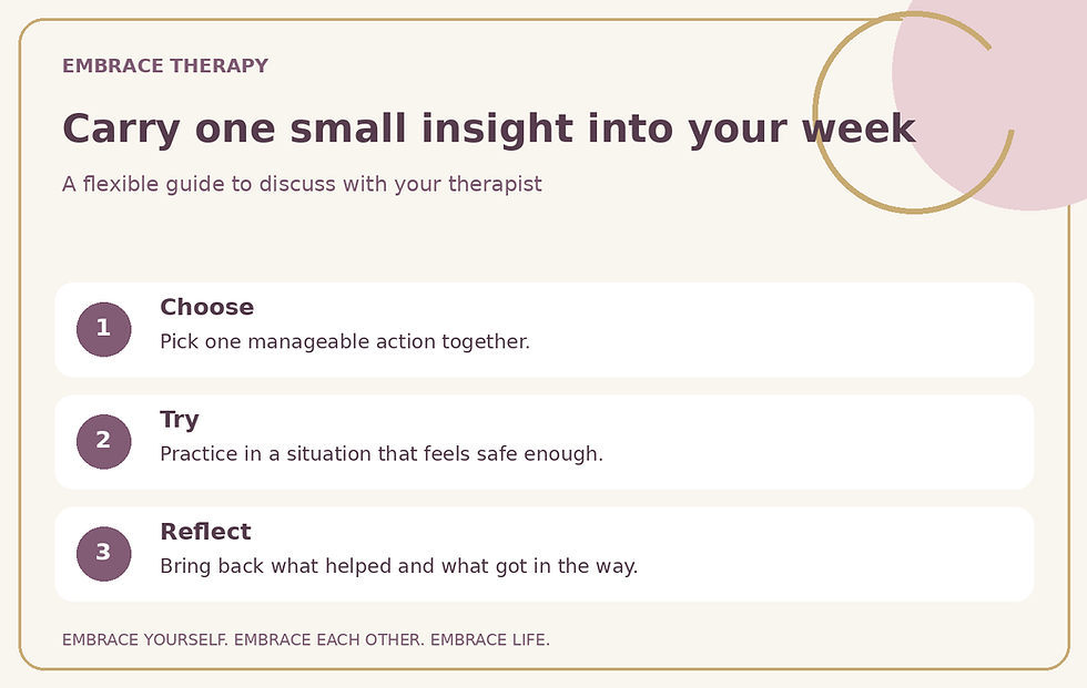 Between-session therapy guide: choose one manageable action with your therapist, try it in a safe situation, and reflect on what helped or got in the way.