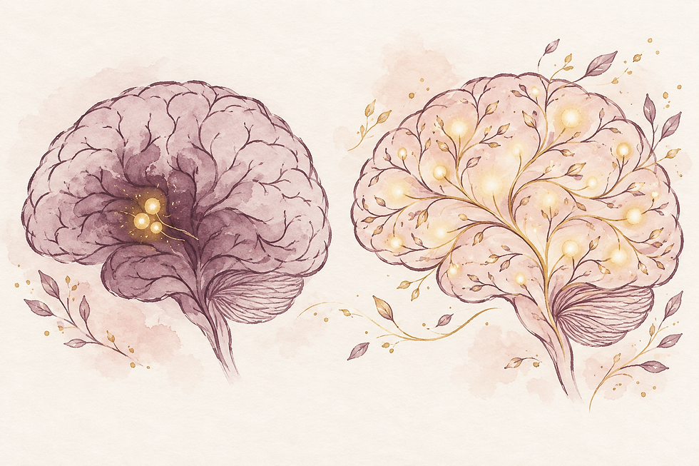 Conceptual illustration of two brains, with gold lights representing more room for flexible thinking as stress settles.