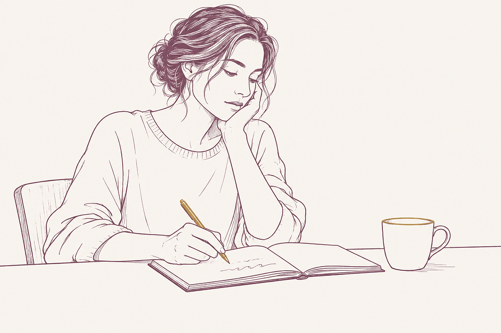 Line drawing of a person reflecting in a journal.