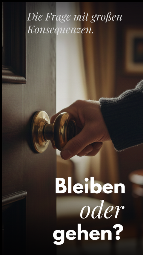 Mann hält Kürgriff. Text "Bleiben oder gehen?"