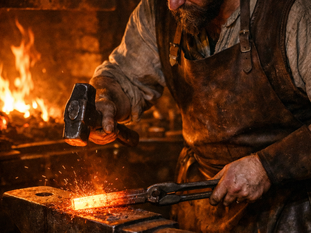 Schmied bearbeitet glühendes Eisen am Amboss in einer mittelalterlichen Schmiede
