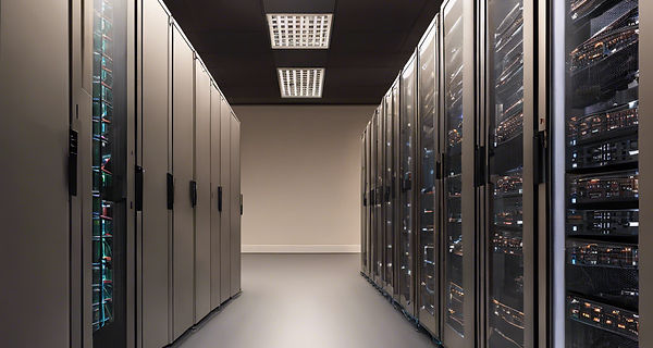 server room with IT networking components connected with short wires. dark floors, no entr