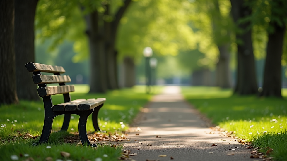Eye-level view of a quiet park bench surrounded by green trees