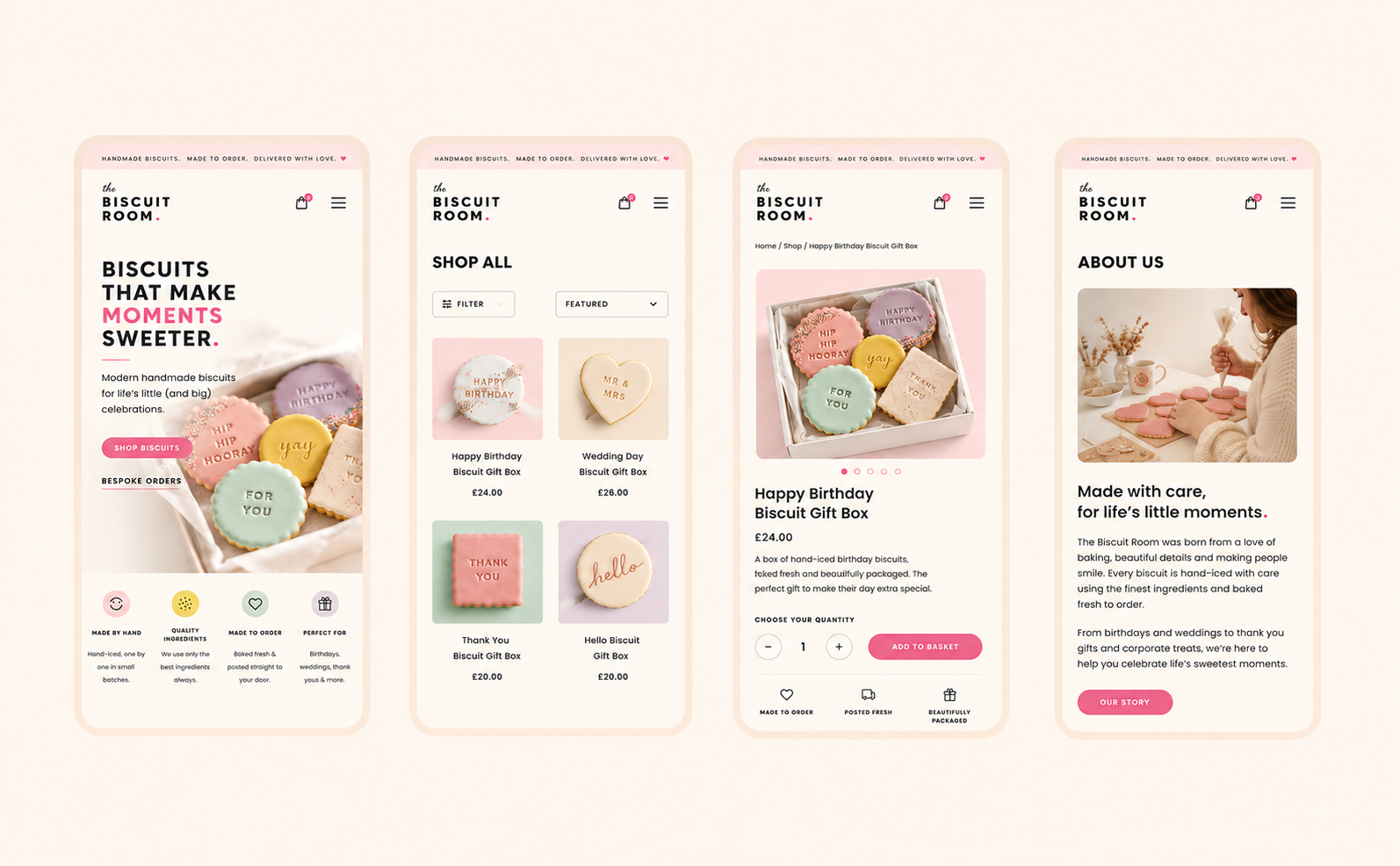 Responsive ecommerce website for The Biscuit Room displayed on mobile devices.