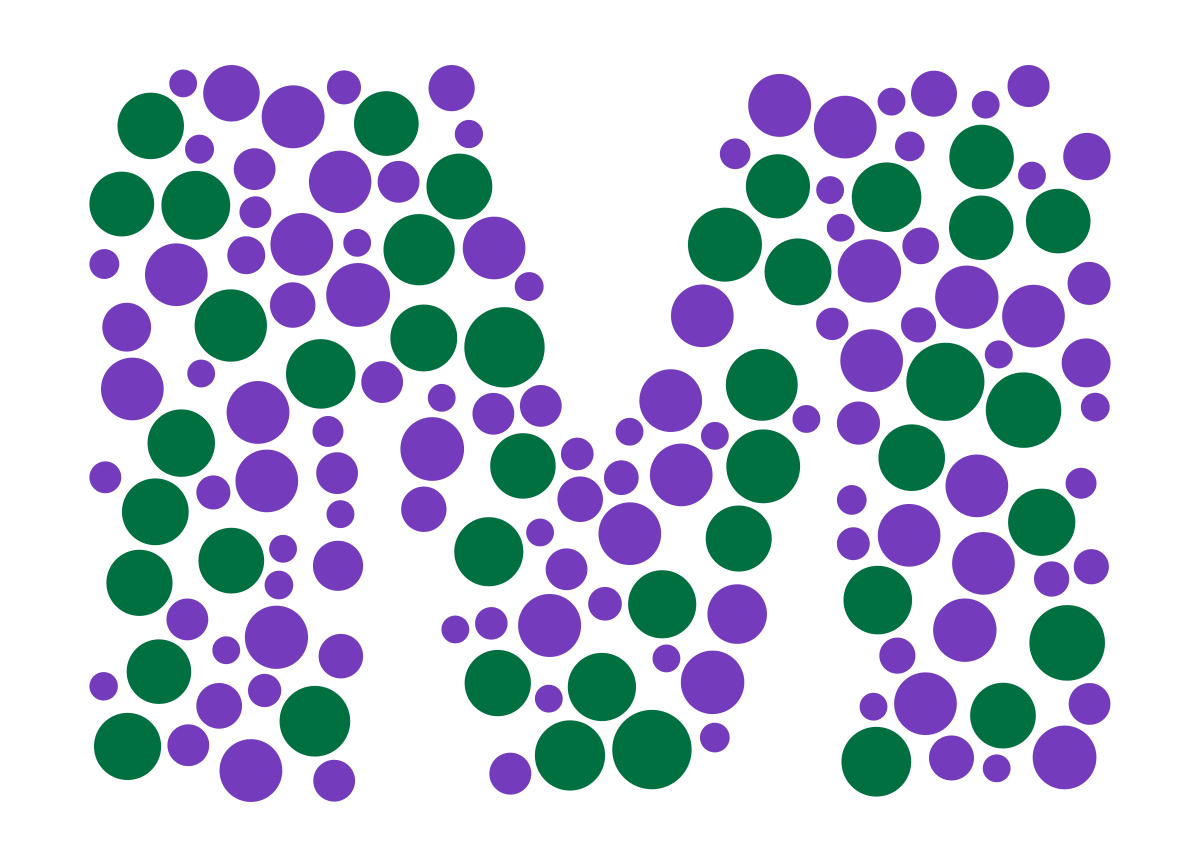 M icon from the Meno-Kit Logo. An M made up of small green and purple dots
