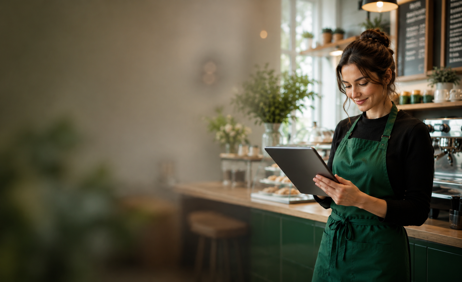 Small business owner using a tablet in a café to manage her business website