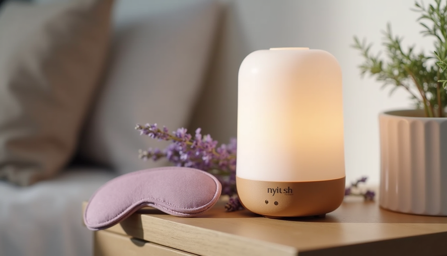 Close-up of a bedside table with a lavender essential oil diffuser and a sleep mask