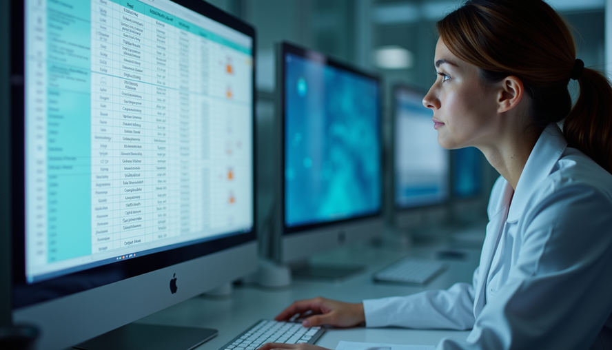 Eye-level view of a healthcare professional analyzing advanced metabolic panel results on a computer screen