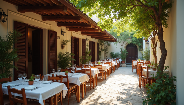 High angle view of a traditional Greek taverna with outdoor seating and local dishes served